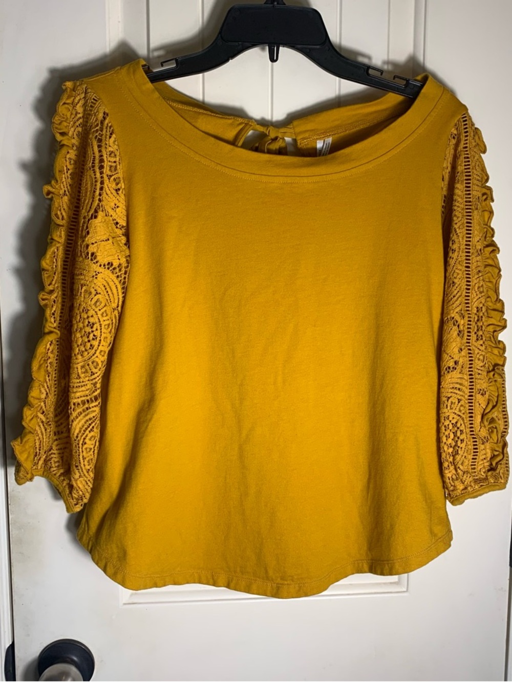 Anthropologie Mustard Lace-Sleeve Cotton Top With Back Tie Neck Size Small
